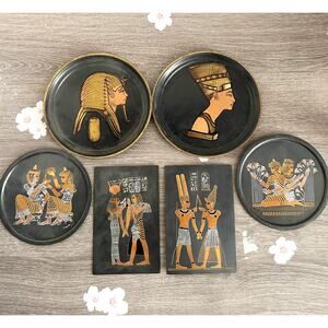 Vintage Egyptian Etched Mixed Brass and Copper Metal Wall Hanging Decor set of 6
